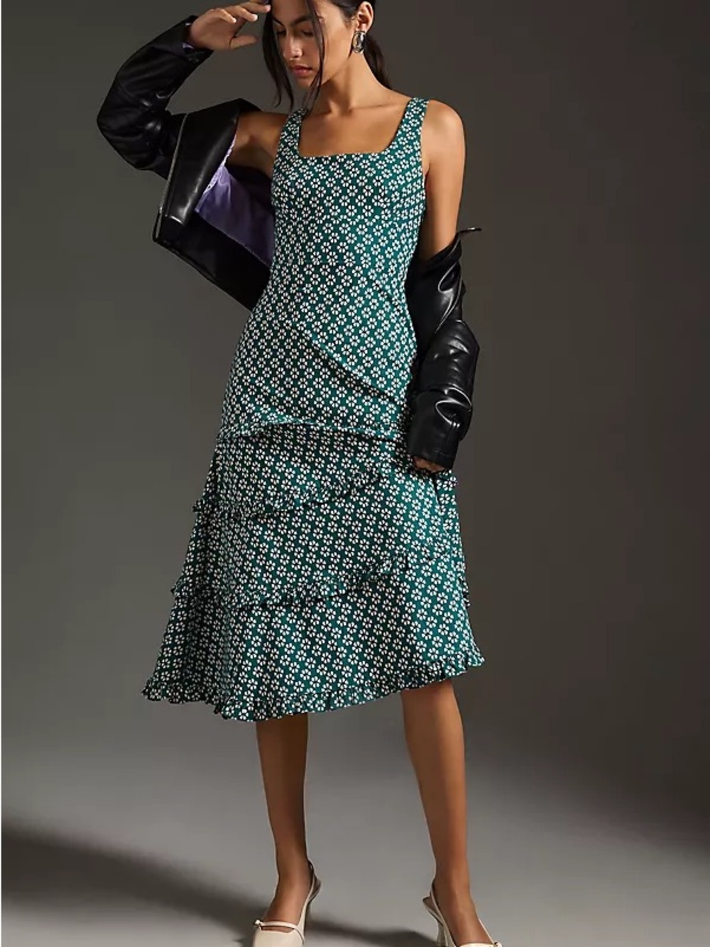 Anthropologie Blythe Green Floral Tiered Square-Neck Midi Dress